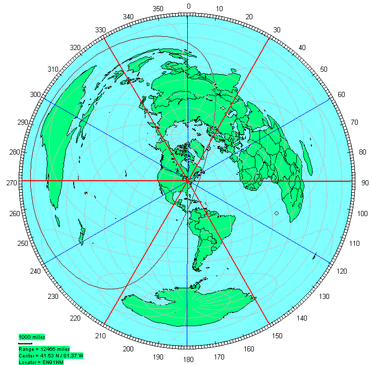 Great-Circle Map Centered on W8WWV